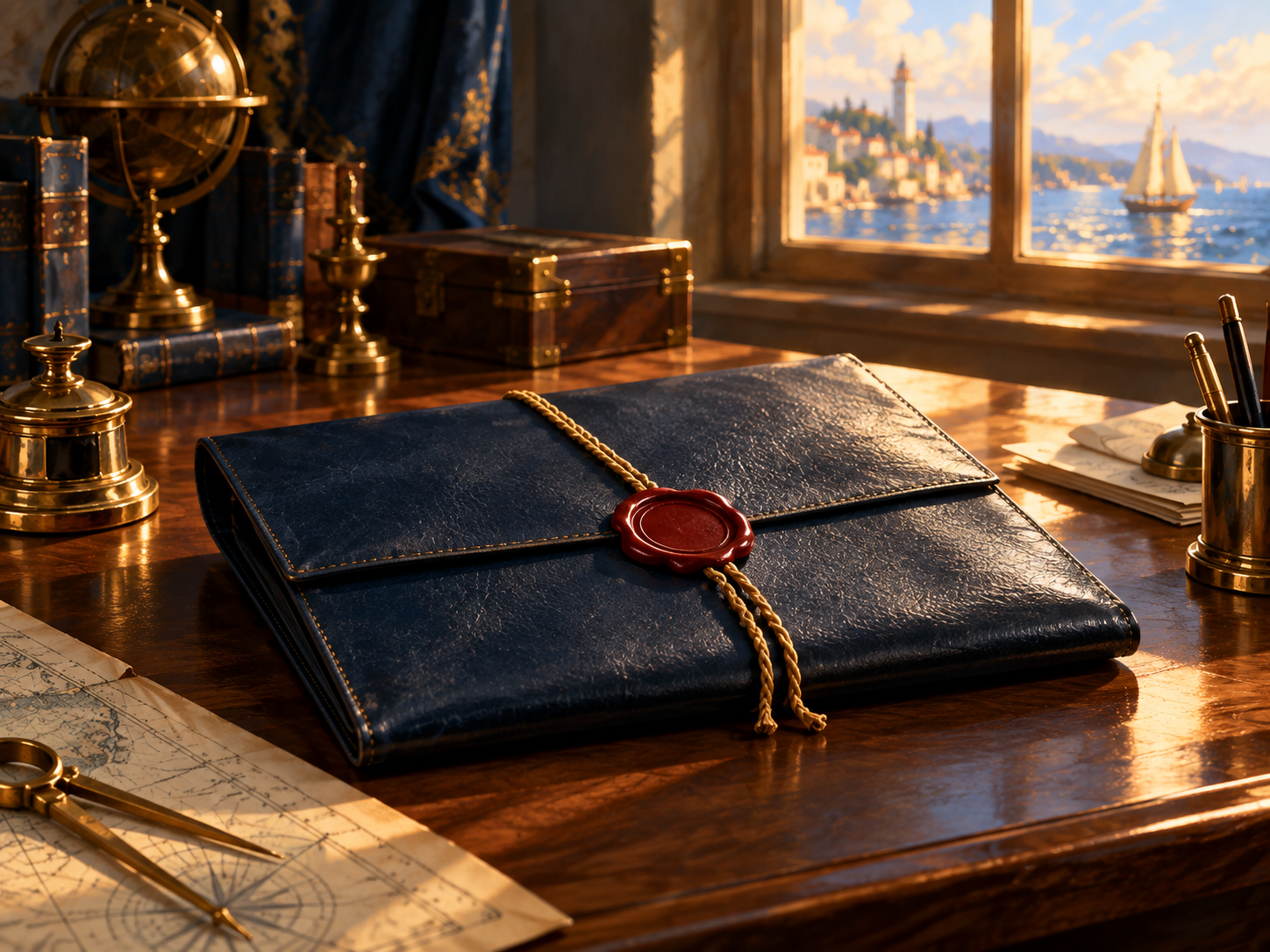 Sealed navy document folio on an orderly maritime office desk