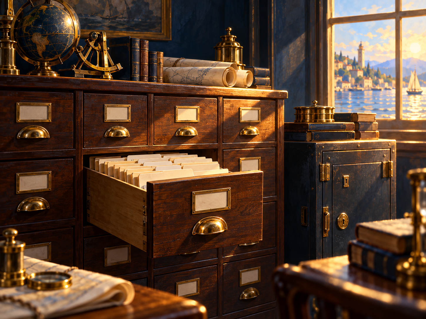 Organized maritime document drawers and secure local cabinet