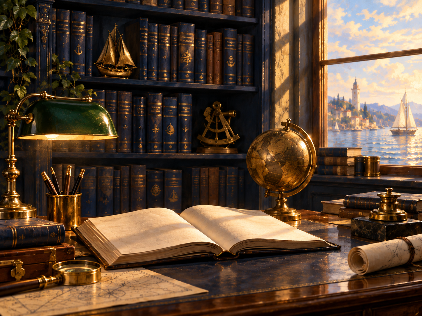 Maritime reference library with reading lamp, globe and open volume