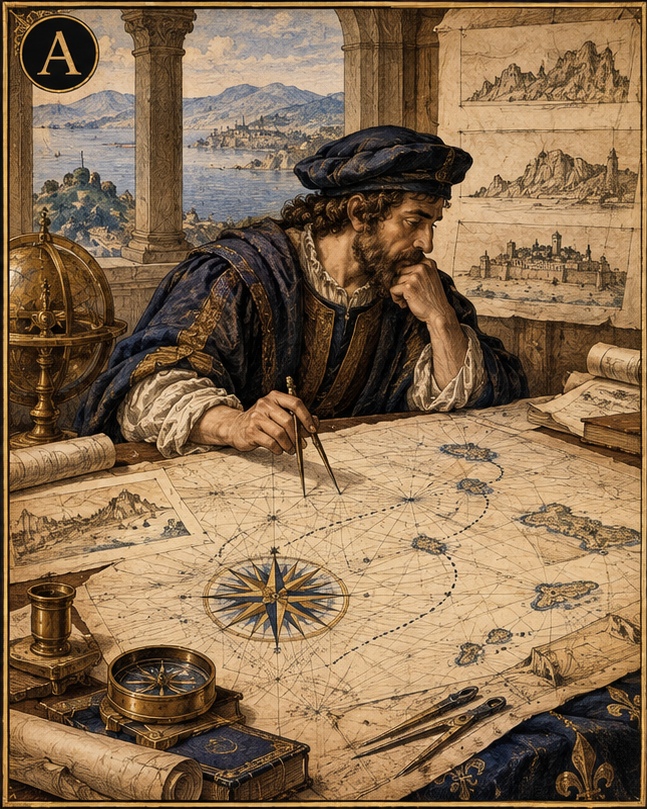 Renaissance navigator planning a voyage over a detailed chart