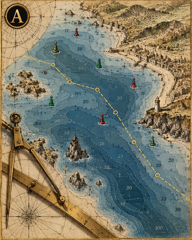 Electronic navigational chart concept with route and aids